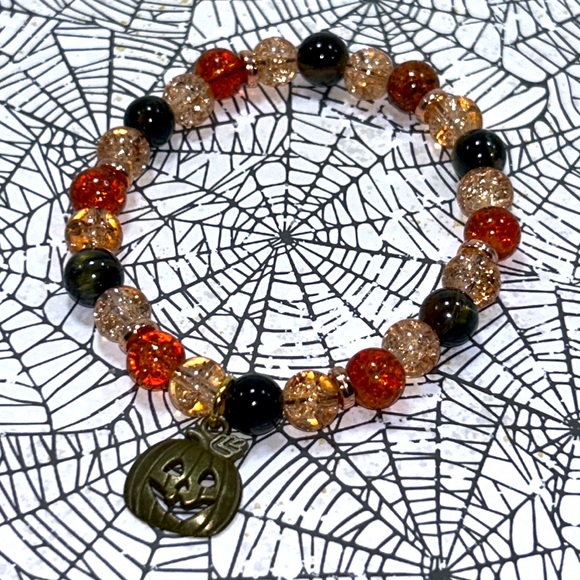 Handmade Halloween Pumpkin Charm Bracelet with Natural Tiger Eye Stones! - Picture 4 of 9